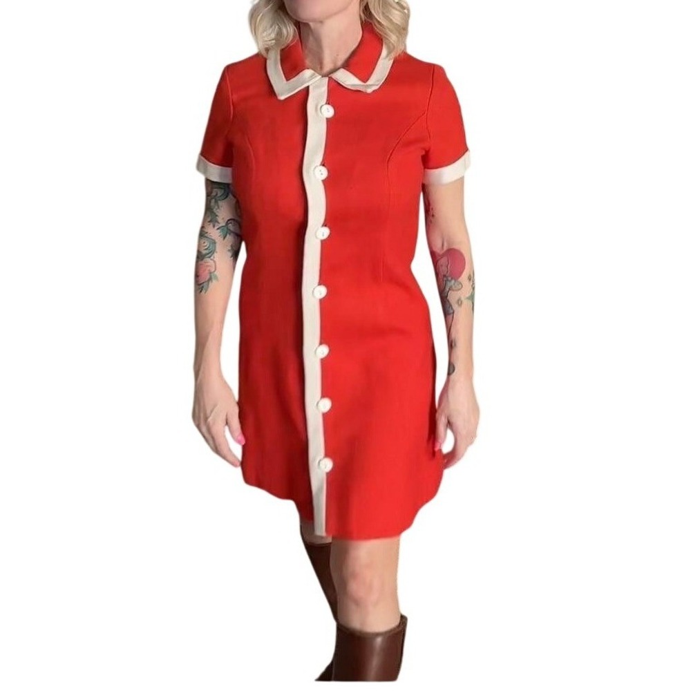 Vintage 60s Nancy's Orange Mod Shift Dress Cream Trim Mini Small - Picture 3 of 6